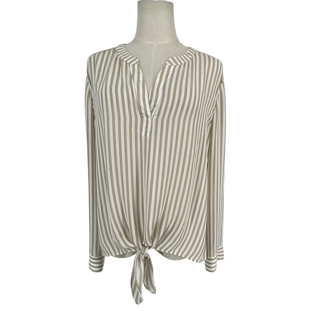 Chicos Tan White Striped Tie Front Roll Tab Sleeve Blouse Top Sz 2 L US 12 Beach